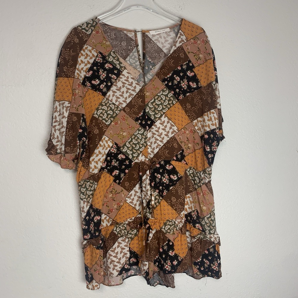 Mustard Seed Romper Womens Medium Boho Patchwork Cottage Peasant Relaxed Fit M